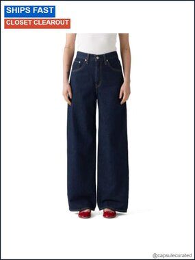High Rise Cinch Baggy Wide Straight Leg Jeans Non Stretch
